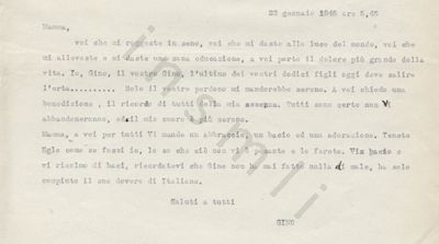 L’immagine riproduce la trascrizione a macchina della lettera di Luigi Savergnini alla madre, scritta poche ore prima della sua esecuzione. 