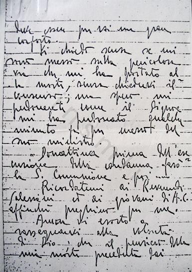 L’immagine riproduce la fotocopia della seconda facciata dell’ultima lettera di Mario Bettinzoli ai familiari, scritta da Brescia la sera prima della fucilazione.