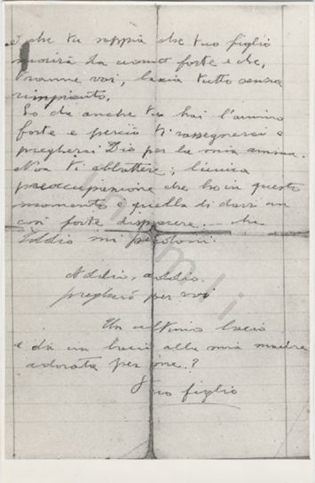 L’immagine riproduce la fotografia della terza pagina della lettera di Massimiliano Forte al padre, scritta probabilmente nell’imminenza della sua esecuzione. L’originale è scritto su un foglio a righe.
