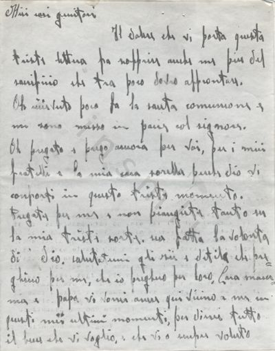 L’immagine riproduce la copia fotografica della prima facciata della lettera di Mario Bruno Corti ai genitori, scritta poche ore prima dell’esecuzione.