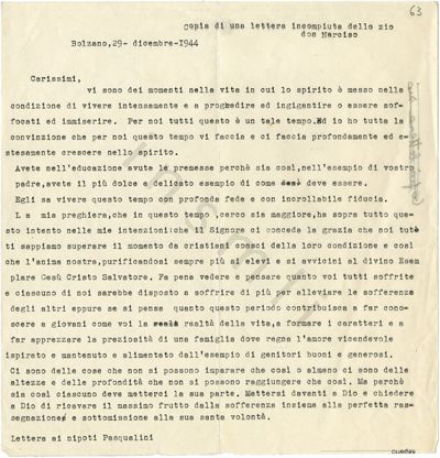 L’immagine riproduce la trascrizione a macchina dell’ultima lettera di Don Narciso Sordo, scritta ai nipoti dal lager di Bolzano.