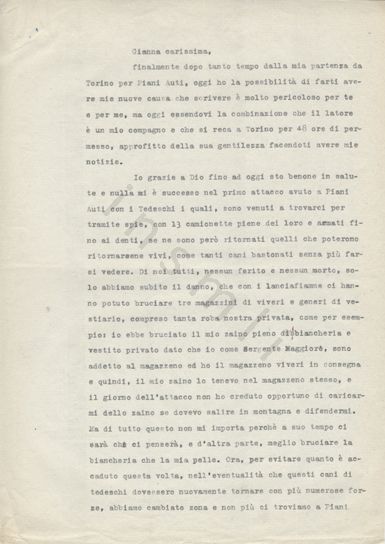 L’immagine riproduce la prima pagina della trascrizione a macchina della lettera scritta da Nicolò Marino alla moglie Gianna, prima della cattura e della morte per fucilazione.