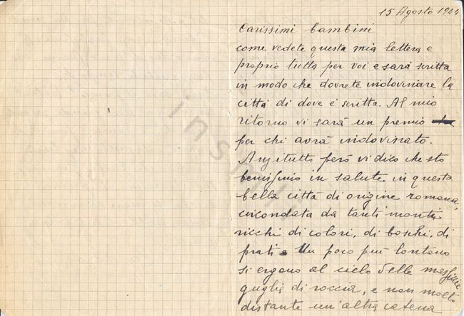 L’immagine riproduce la prima pagina, scritta, e la quarta pagina, bianca, della lettera inviata da Odoardo Focherini ai propri figli il 15 agosto 1944.