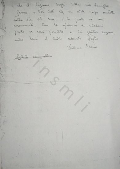 L’immagine riproduce la fotocopia della seconda facciata della trascrizione dell’ultima lettera di Orazio Dulbecco ai genitori, scritta subito prima di unirsi ai partigiani.