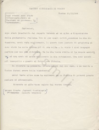 L’immagine riproduce la trascrizione a macchina dell’ultima lettera di Oreste Armano alla madre, scritta due giorni prima dell’esecuzione.