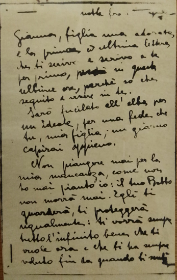 L’immagine riproduce la copia fotostatica della prima facciata della lettera scritta da Paolo Braccini alla figlia, il giorno della sua condanna a morte. 