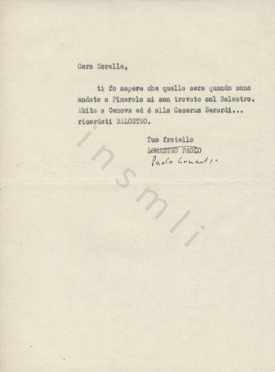 L’immagine riproduce la trascrizione a macchina dell’ultima lettera di Paolo Lomasto alla sorella. Nella firma in basso, il nome di Lomasto è scritto in modo errato (Lomastro) sia a macchina che nella correzione a mano, in penna nera.