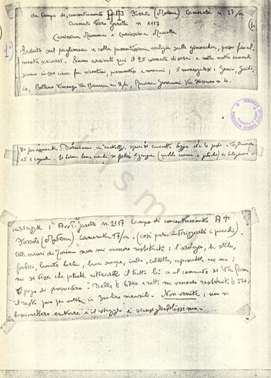 L’immagine riproduce la fotocopia della lettera di Piero Garelli scritta alla madre ed alla moglie poco dopo il suo arrivo a Fossoli.