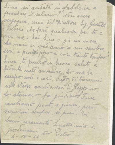 L’immagine riproduce la seconda facciata dell’ultima lettera di Pietro Gatti alla moglie Lina, scritta dal Lager di Bolzano. Il documento è vergato a matita.