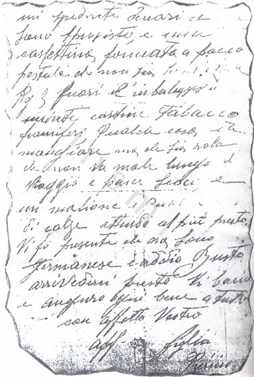 L’immagine riproduce la fotocopia della seconda facciata dell’ultima lettera di Pietro Moroni ai genitori, scritta dal lager di Bolzano.