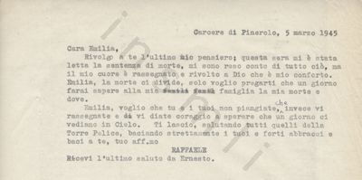 L’immagine riproduce la trascrizione a macchina della lettera di Raffaele Giallorenzo all’amata Emilia, scritta dal carcere  il giorno della condanna a morte.