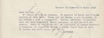 L’immagine riproduce la trascrizione a macchina della lettera di Raffaele Giallorenzo all’amata Emilia, scritta dal carcere  il giorno dopo la condanna a morte.