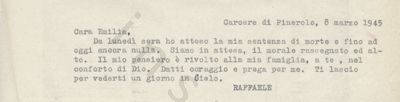 L’immagine riproduce la trascrizione a macchina della terza lettera di Raffaele Giallorenzo all’amata Emilia, scritta dal carcere due giorni prima della fucilazione.