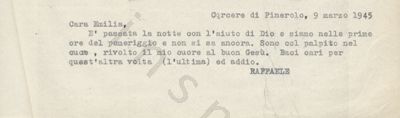 L’immagine riproduce la trascrizione a macchina dell’ultima lettera di Raffaele Giallorenzo all’amata Emilia, scritta dal carcere il giorno prima della sua esecuzione.