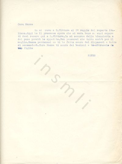 L’immagine riproduce la trascrizione a macchina dell’ultimo messaggio di Renzo Botta, scritto alla madre dal Carcere milanese di San Vittore il giorno del suo processo (12 gennaio 1945).