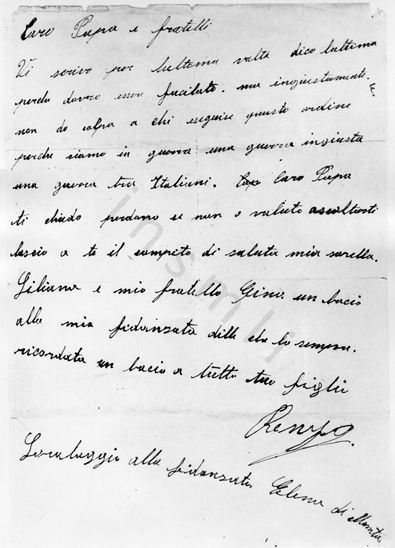L’immagine riproduce l’ultima lettera di Renzo Cattaneo al padre e ai fratelli, scritta nel luglio del 1944, tra la cattura e l’esecuzione.