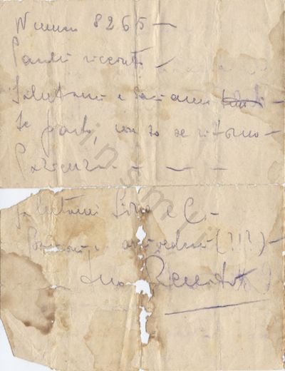 L’immagine riproduce la seconda facciata della lettera di Renato Dalla Palma alla sorella Gabriella, scritta durante la prigionia nel Lager di Bolzano. L’originale è stato vergato con una matita blu su due delle quattro facciate di un foglio A4 piegato a metà.