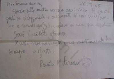 L’immagine riproduce la lettera scritta da Reanto Molinari all’amica Linda Falasco, dalla sua cella alle "Casermette" di Rivoli, il giorno stesso della sua fucilazione.
Il documento è scritto a matita su un foglietto di carta bianca.
