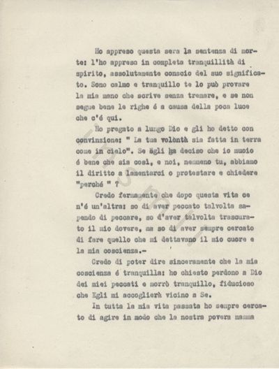 L’immagine riproduce la seconda pagina della trascrizione a macchina dell’ultima lettera di Renato Peyrot alla sorella Lilette (Lilj) la sera prima della sua esecuzione.
