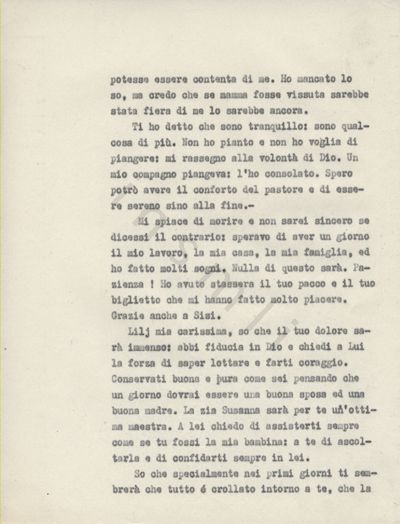 L’immagine riproduce la terza pagina della trascrizione a macchina dell’ultima lettera di Renato Peyrot alla sorella Lilette (Lilj) la sera prima della sua esecuzione.