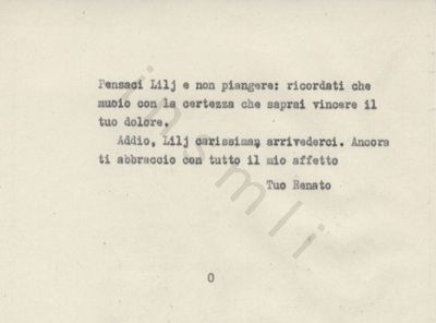 L’immagine riproduce la quinta pagina della trascrizione a macchina dell’ultima lettera di Renato Peyrot alla sorella Lilette (Lilj) la sera prima della sua esecuzione.