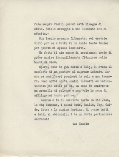 L’immagine riproduce la seconda pagina della trascrizione a macchina dell’ultima lettera di Renato Peyrot allo zio.