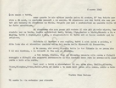 L’immagine riproduce la trascrizione a macchina della lettera di Riccardo Balmas alla famiglia, scritta il giorno prima della sua esecuzione.