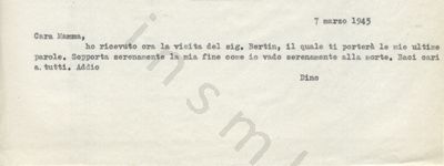 L’immagine riproduce la trascrizione a macchina dell’ultima lettera di Riccardo Balmas alla madre, scritta il giorno stesso della sua esecuzione.