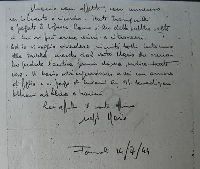 L’immagine riproduce la fotocopia della seconda pagina della lettera scritta da Rolando Petrini ai suoi cari il 24 luglio 1944, dal campo di concentramento di Fossoli.