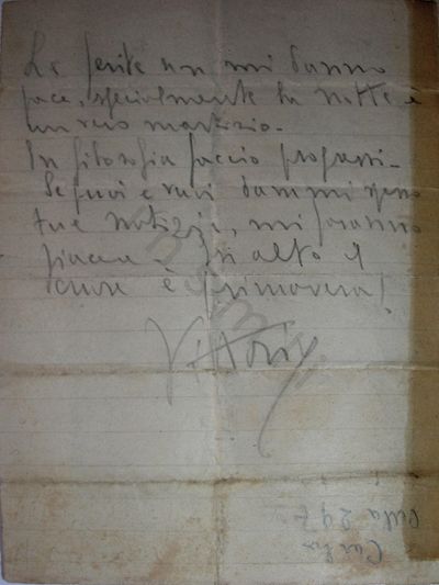 L’immagine riproduce la seconda facciata dell’ultima lettera di Vittorio Marimpietri alla fidanzata, scritta il giorno prima di essere fucilato alle Fosse Ardeatine.