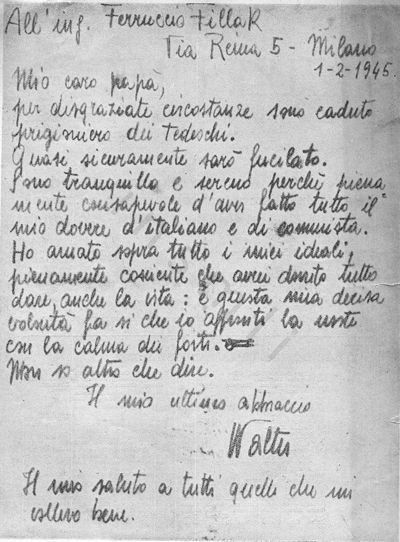 L’immagine riproduce l’ultima lettera di Walter Fillak al padre, scritta pochi giorni prima di essere giustiziato.