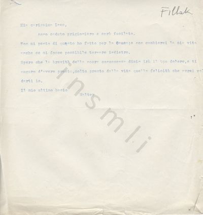 L’immagine riproduce la trascrizione a macchina dell’ultima lettera di Walter Fillak alla fidanzata Ines. Il documento è dattilografato con inchiostro blu.