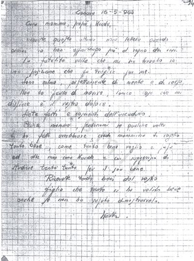 L’immagine riproduce la fotocopia dell’ultima lettera di Walter Ulanowsky ai genitori, scritta il giorno della sua condanna. L’originale è scritto su un foglio di carta a quadretti.
