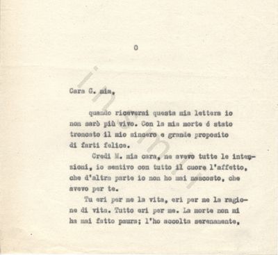 L’immagine riproduce la prima pagina della trascrizione a macchina dell’ultima lettera di Walter Ulanowsky alla ragazza amata.