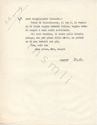 L’immagine riproduce la terza pagina della trascrizione a macchina dell’ultima lettera di Walter Ulanowsky alla ragazza amata. La firma alla fine è cancellata e riscritta a mano, con una penna nera.