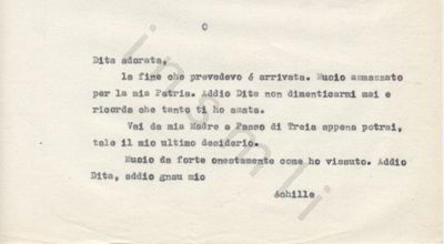 L’immagine riproduce la trascrizione a macchina dell’ultima lettera scritta da Achille Barilatti a Dita Marasli.
