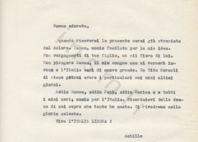 L’immagine riproduce la trascrizione a macchina dell’ultima lettera scritta da Achille Barilatti alla madre.