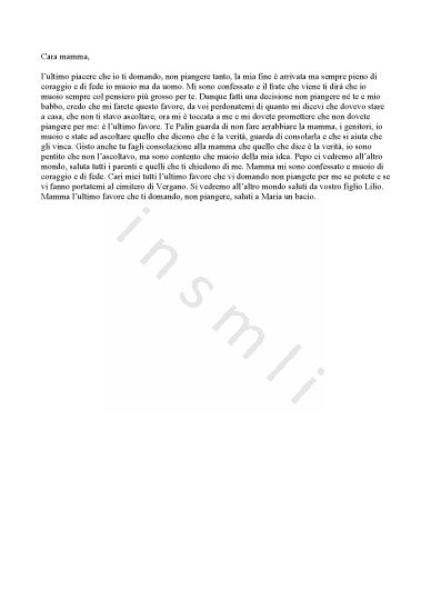L’immagine riproduce il testo dell’ultima lettera scritta da Adelio Pagliarani alla madre.