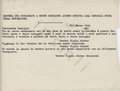 L’immagine riproduce la trascrizione a macchina dell’ultimo messaggio di Adorno Borgianni, scritto ai familiari il giorno della sua esecuzione.