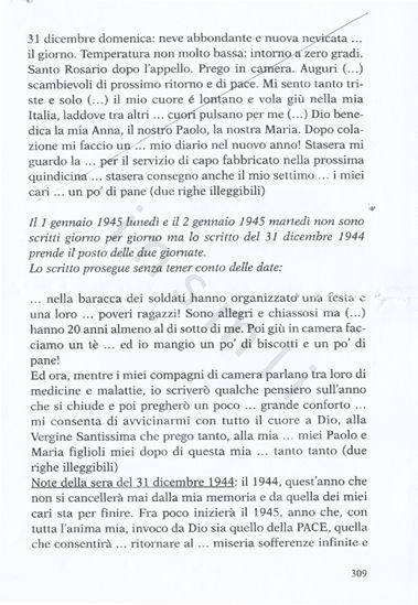 L’immagine riproduce la trascrizione dell’ultimo messaggio scritto dal generale Alberto Trionfi sul suo diario, il 31 dicembre 1944, dal campo di concentramento di Shelkow (Polonia). Il testo è pubblicato a pag. 309 del volume "Il Generale Alberto Trionfi. Scritti e memorie dalla Grecia al Lager. Un delitto delle SS" (Roma, A.N.E.I., 2004).