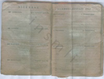 L’immagine riproduce una delle pagine del diario del generale Alberto Trionfi. Scritto su di un piccolo notes, risulta purtroppo pressoché illeggibile. Con la lampada di Wood si è potuto trascrivere quanto pubblicato qui e alle pagg. 309 e 310 del volume "Il Generale Alberto Trionfi. Scritti e memorie dalla Grecia al Lager. Un delitto delle SS" (Roma, A.N.E.I., 2004).