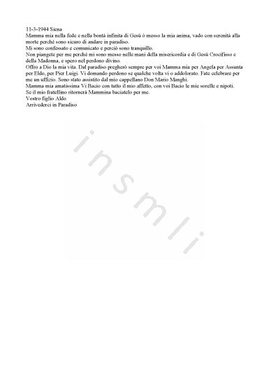 L’immagine riproduce il testo dell’ultima lettera scritta da Aldo Bacconi alla madre.