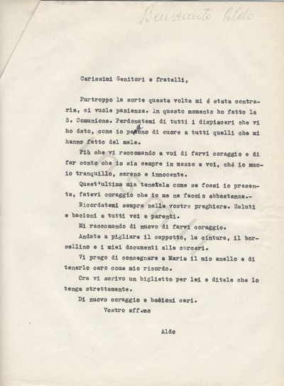 L’immagine riproduce la trascrizione a macchina dell’ultima lettera scritta da Aldo Benvenuto ai familiari. In alto si intravede, scritto a matita, il nome del caduto.
