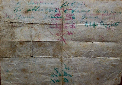 L'immagine riproduce il retro dell'ultimo messaggio di Aldo Pezzato, scritto ai genitori dal carcere di Piedimonte d'Alife due giorni prima della morte