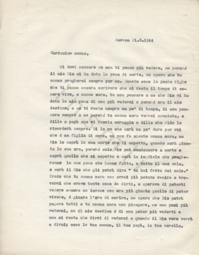 L’immagine riproduce la prima pagina della trascrizione a macchina dell’ultima lettera di Aldo Picco alla madre, il giorno stesso della sua esecuzione.