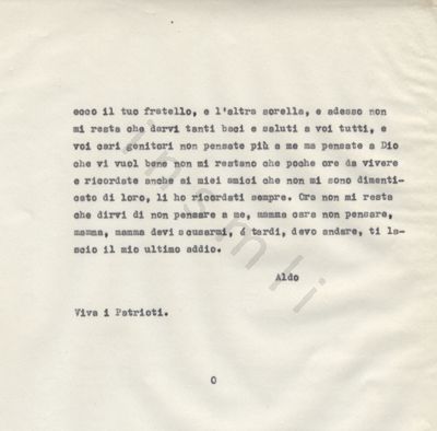 L’immagine riproduce la seconda pagina della trascrizione a macchina dell’ultima lettera di Aldo Picco alla madre, il giorno stesso della sua esecuzione.