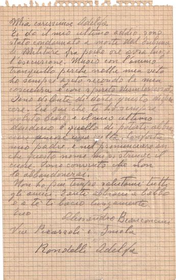 L’immagine riproduce la lettera scritta, a matita su foglio di bloc-notes a quadretti, da Bianconcini alla moglie.