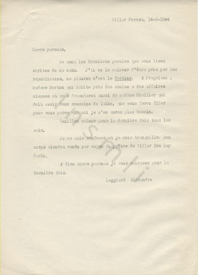 L’immagine riproduce la trascrizione a macchina dell’ultima lettera di Alexandre Laggiard ai genitori, il giorno stesso della sua esecuzione.