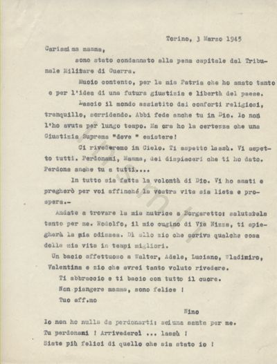 L’immagine riproduce la trascrizione a macchina dell’ultima lettera di Alessandro Teagno alla madre.
