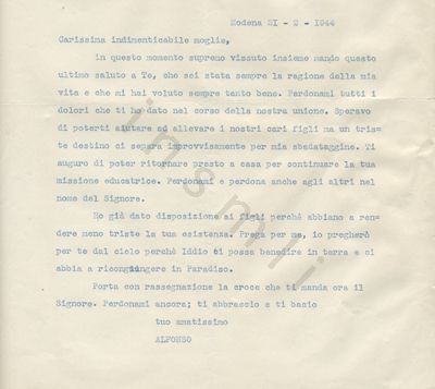 L’immagine riproduce la trascrizione a macchina dell’ultima lettera di Alfonso Paltrinieri alla moglie.